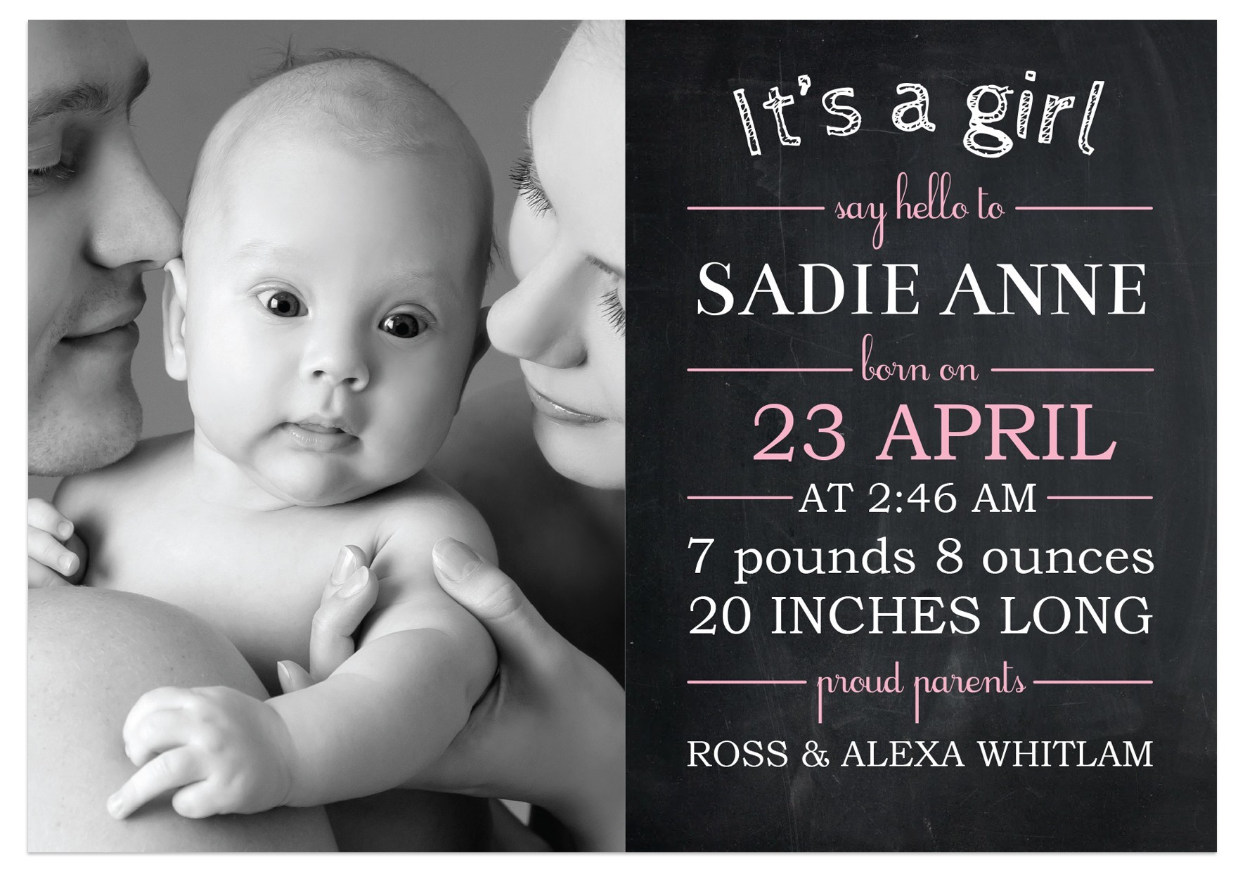 Blackboard Girl Birth Announcement Cards