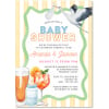 Bottles and Cocktails Baby Shower Invitation with a watercolour stork, baby bottles and drinks