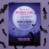 Cute Halloween invitation with a full moon styled with paper bats on purple