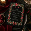 Elegant Evening Christmas party invitation on a dark table with red velvet, baubles and candlelight