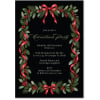 Elegant Evening Christmas invitation with a holly, pine and red ribbon wreath on a black card