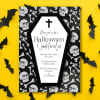 Skeleton and coffin Halloween invitation with paper bats on yellow