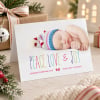 Cute Type folded Christmas photo card with Peace, Love and Joy in bright lettering, styled with gifts