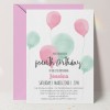 Pink and Green Watercolour Balloons Birthday Invitations
