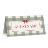 Plaid Christmas placecard, sage gingham folded tent card with a red bow, printed in Australia