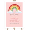 Rainbow Birthday Party Welcome Sign with a white border on a timber easel
