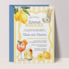Summer Soiree engagement invitation printed with hand painted lemons, spritz glasses and a yellow wavy border, shown with its illustrated reverse