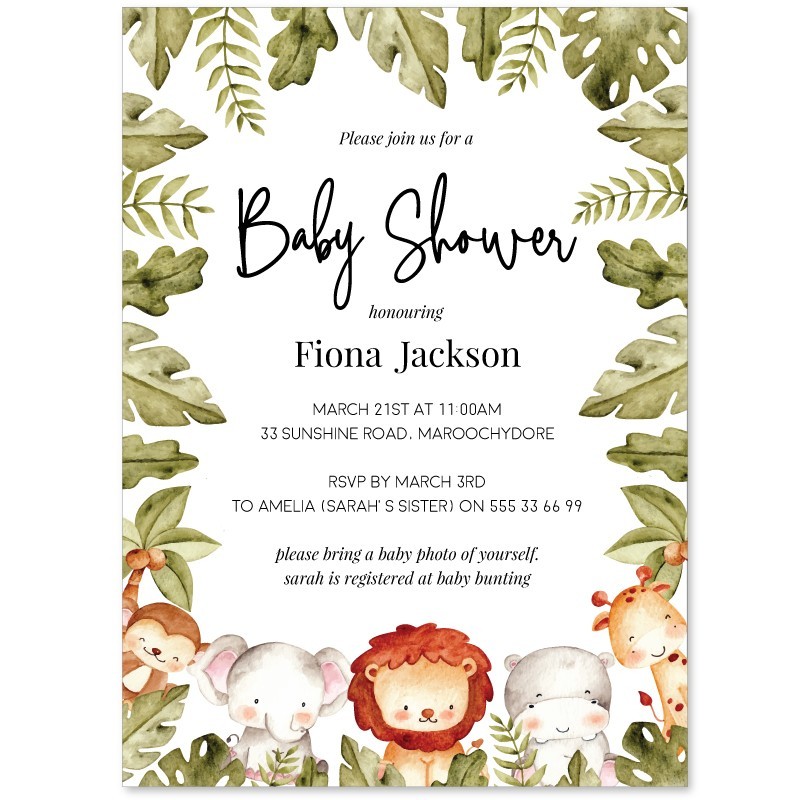 Jungle animal best sale baby shower invitations