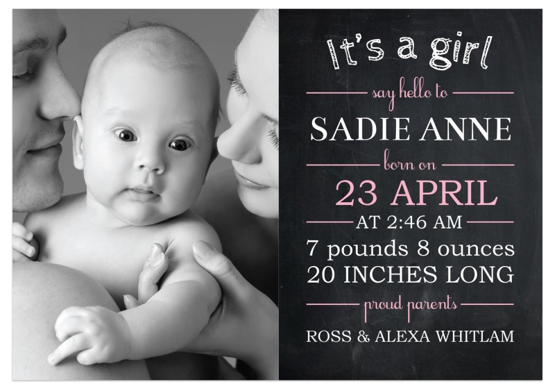 Blackboard Girl Birth Announcement Cards