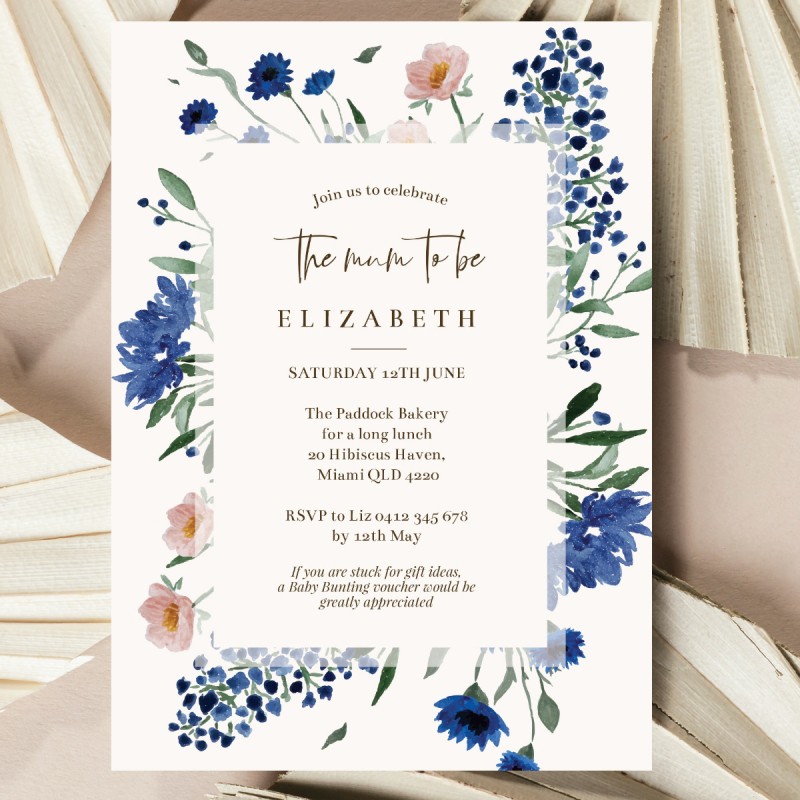 Royal Blue Florals Baby Shower Invitations