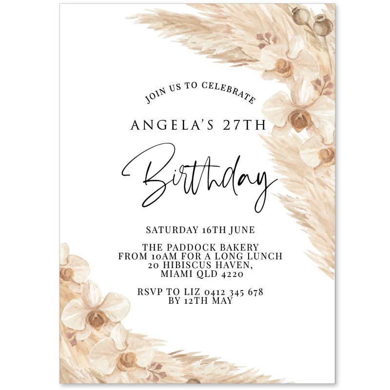 Boho Pampas Birthday Invitations
