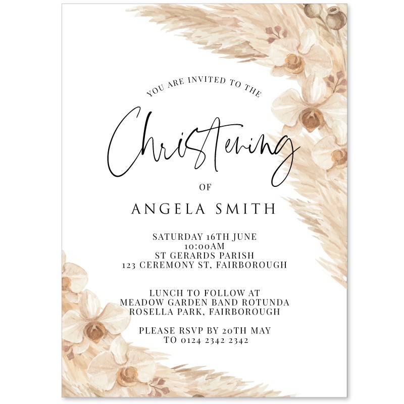 Boho Pampas Christening Invitation