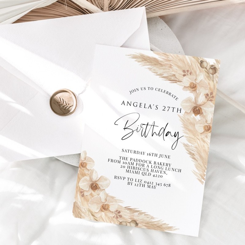 Boho Pampas Birthday Invitations