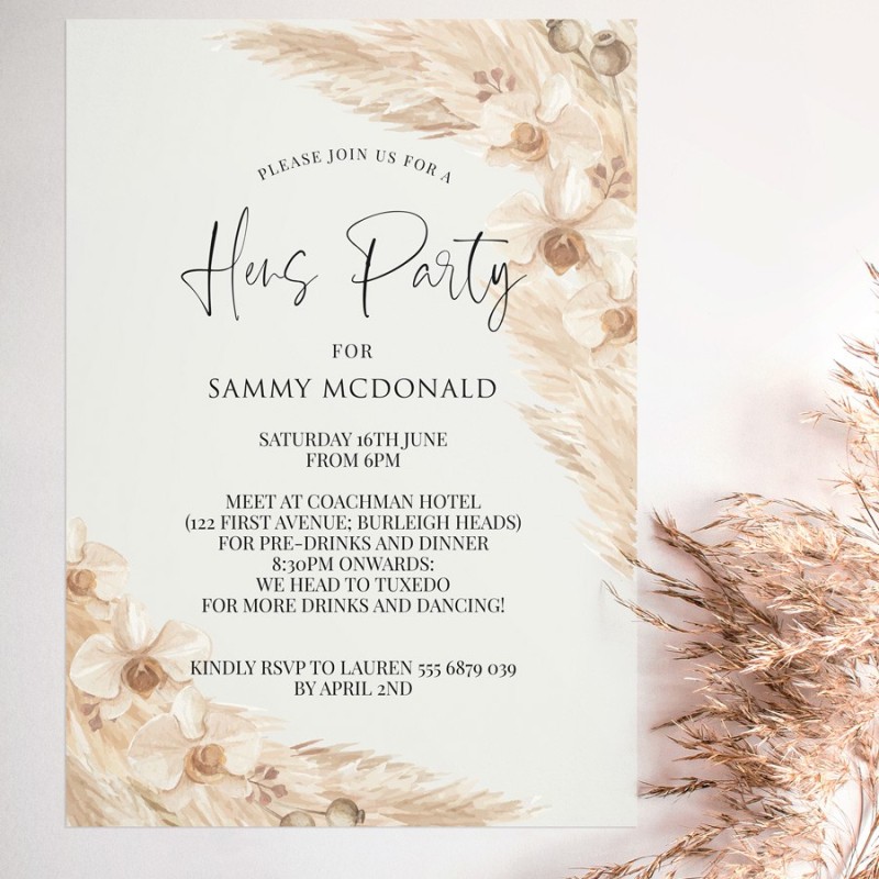 Boho Pampas Hens Party Invitations