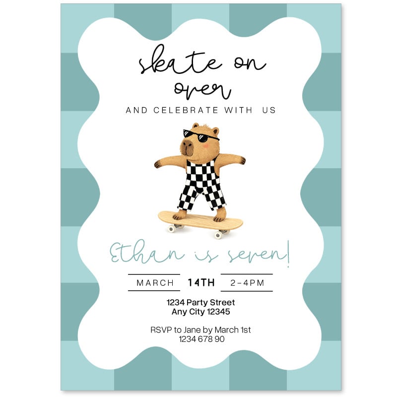 Capybara Skateboarding Invitation - Boys Retro Birthday Invite