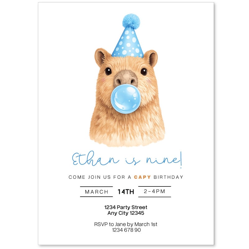 Capybara Birthday Invitations: Capy Blowing Bubbles - Blue