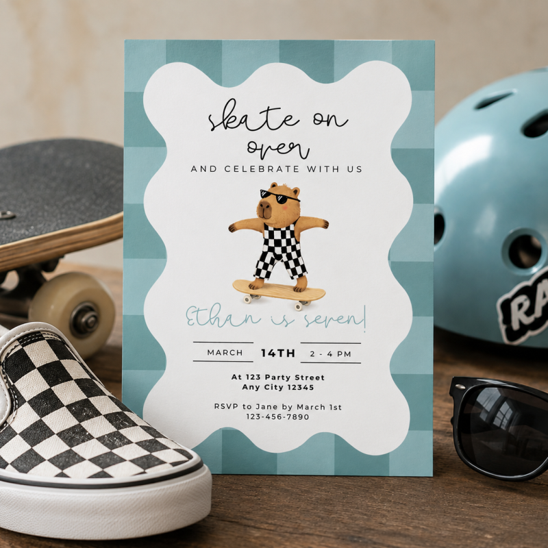 Capybara Skateboarding Invitation - Boys Retro Birthday Invite