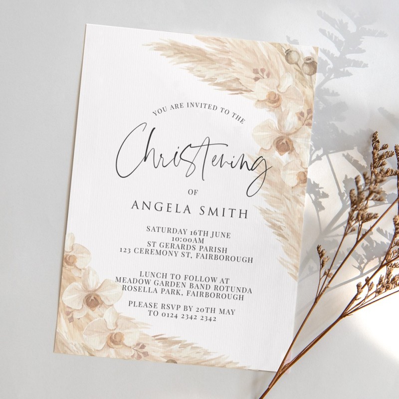 Boho Pampas Christening Invitation
