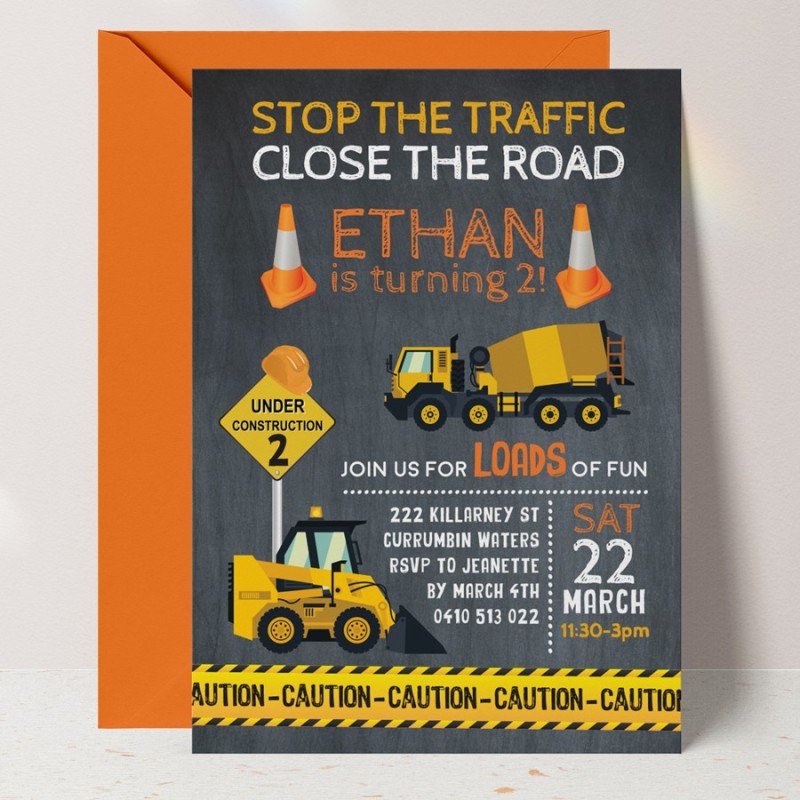 Stop the Traffic Construction Birthday Invitations