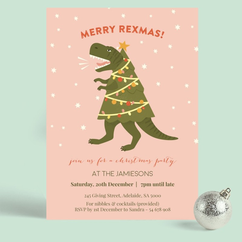Tree Rex Dinosaur Christmas Invitations