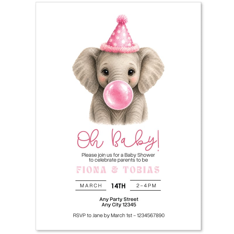 Elephant Baby Shower Invitations - Blowing Bubbles Pink