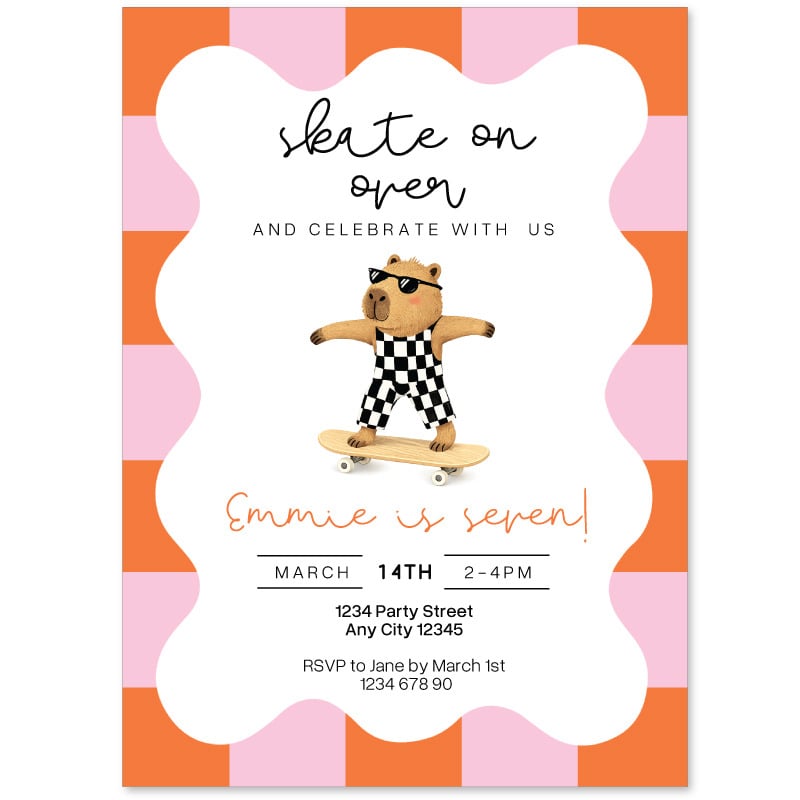Capybara Girls Skateboarding Birthday Invitations 