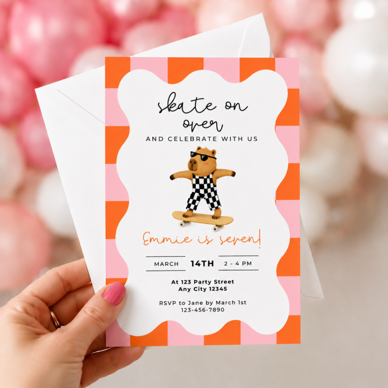 Capybara Girls Skateboarding Birthday Invitations 
