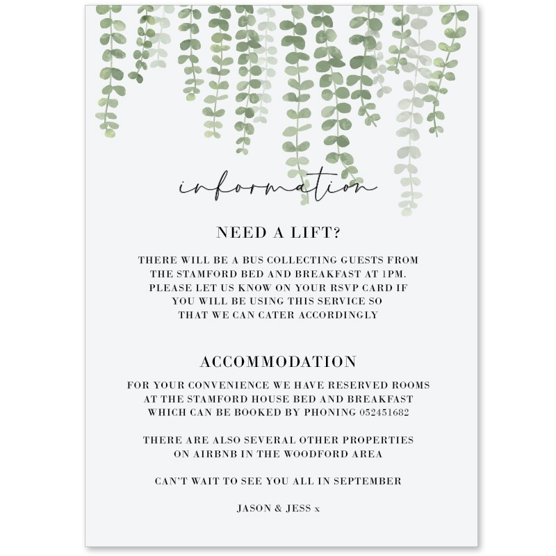 Hanging Greenery Wedding Information Cards