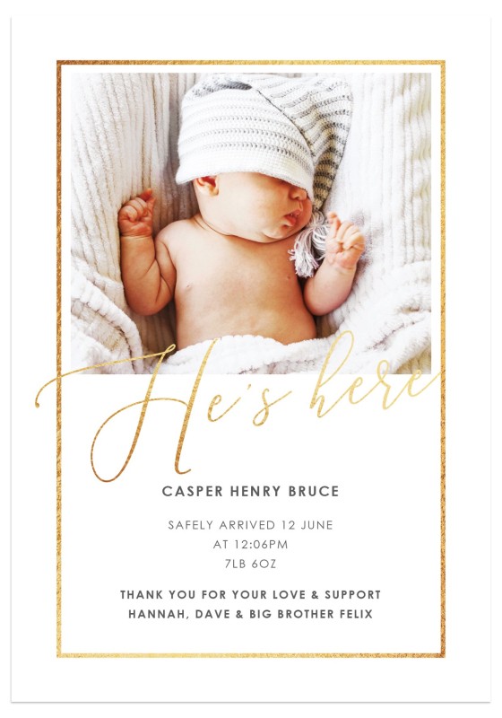 He's Here Birth Announcement Cards
