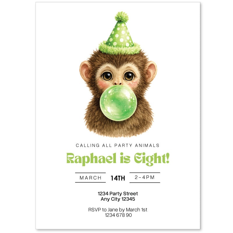 Monkey Blowing Bubble Birthday Invitations