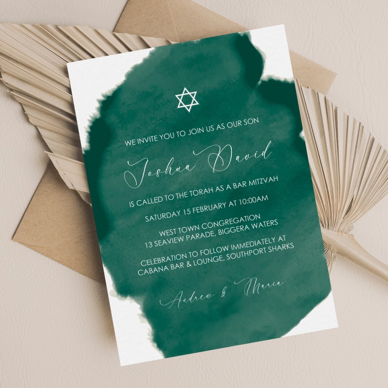 Emerald Watercolour Mitzvah Invitations