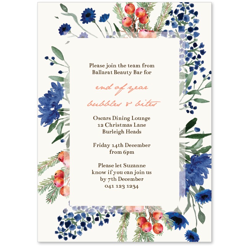 Royal Blue Floral Christmas Invitations