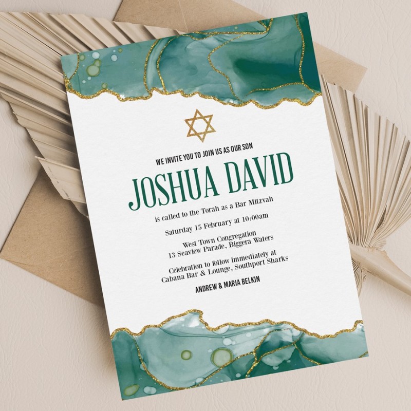 Modern Green and Gold Bar Mitzvah Invitations