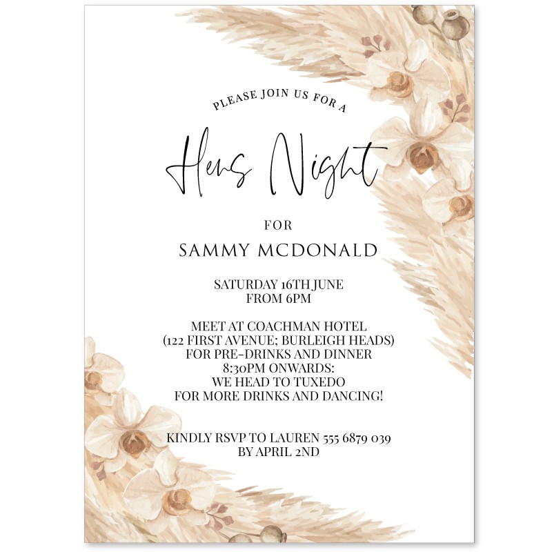 Boho Pampas Hens Party Invitations