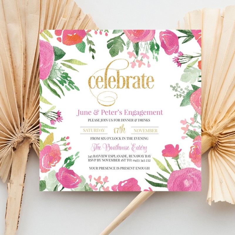 Golden Floral Engagement Invitations