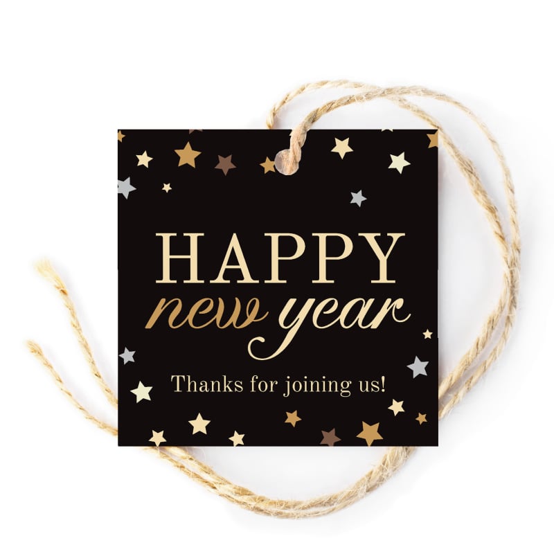 Falling Stars gift tag, gold and silver stars on black, on a twine loop, printed in Australia