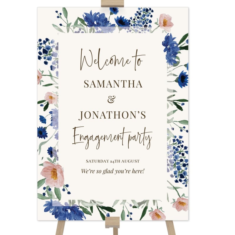 Royal Blue Florals Engagement Party Welcome Sign