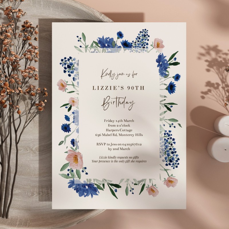Royal Blue Florals Birthday Invitations