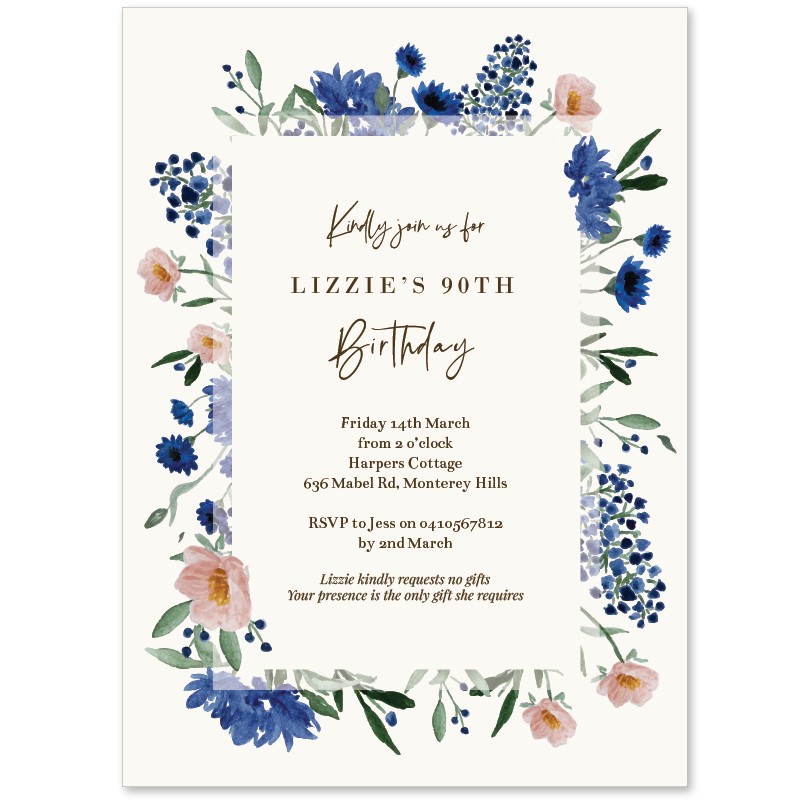 Royal Blue Florals Birthday Invitations