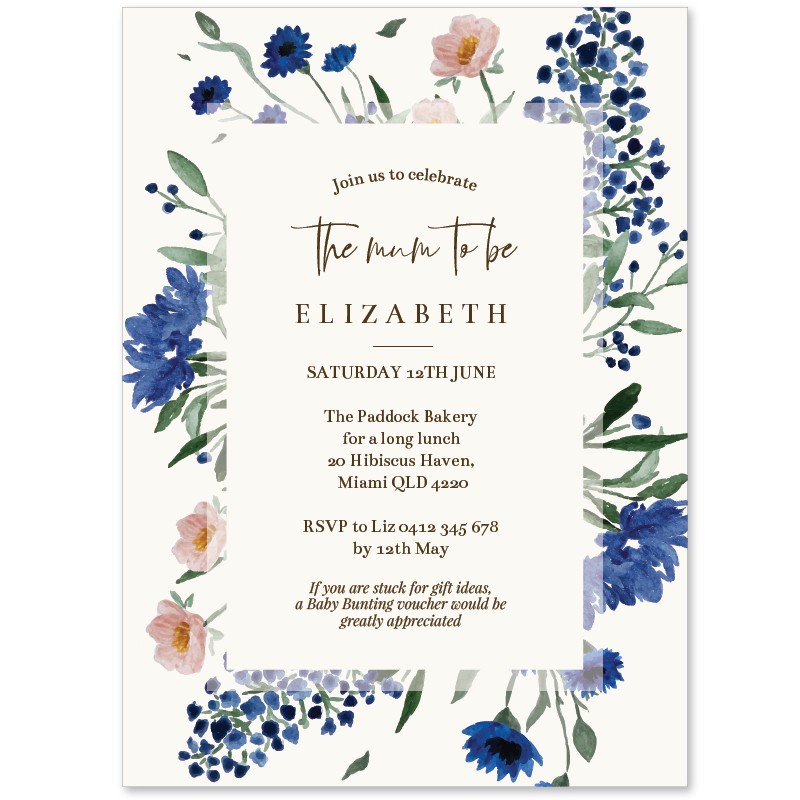 Royal Blue Florals Baby Shower Invitations