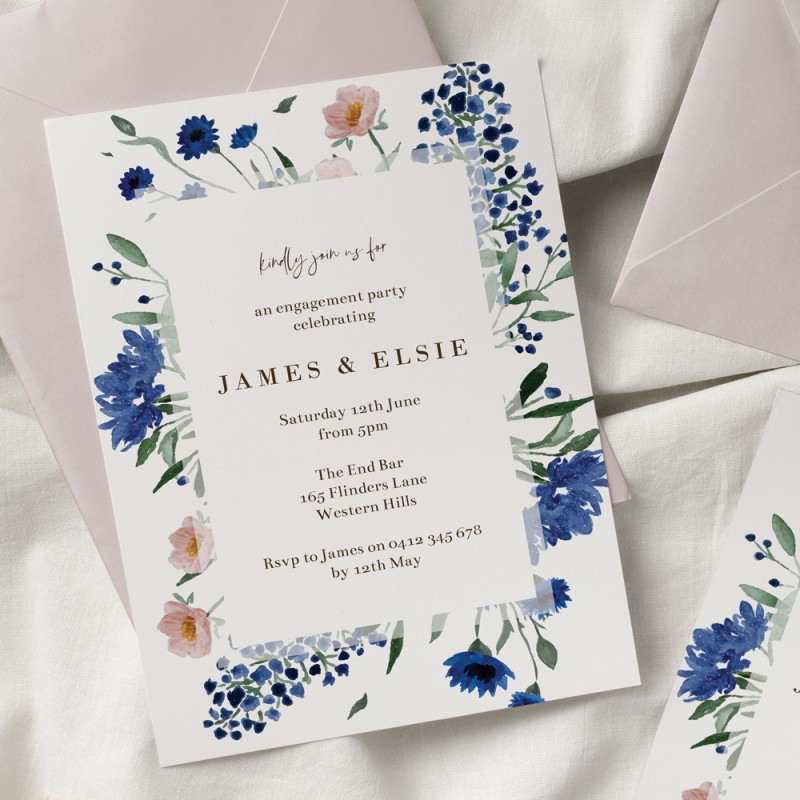 Royal Blue Florals Engagement Invitations