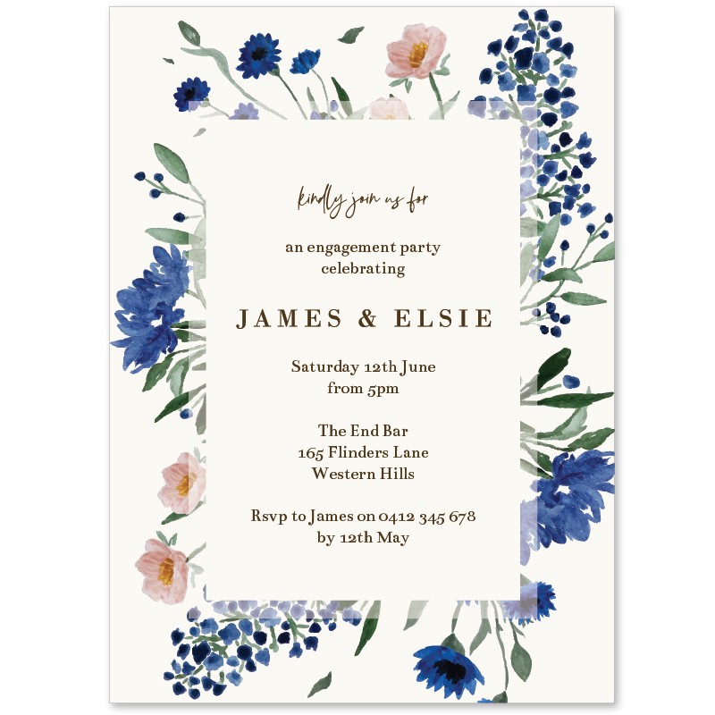 Royal Blue Florals Engagement Invitations
