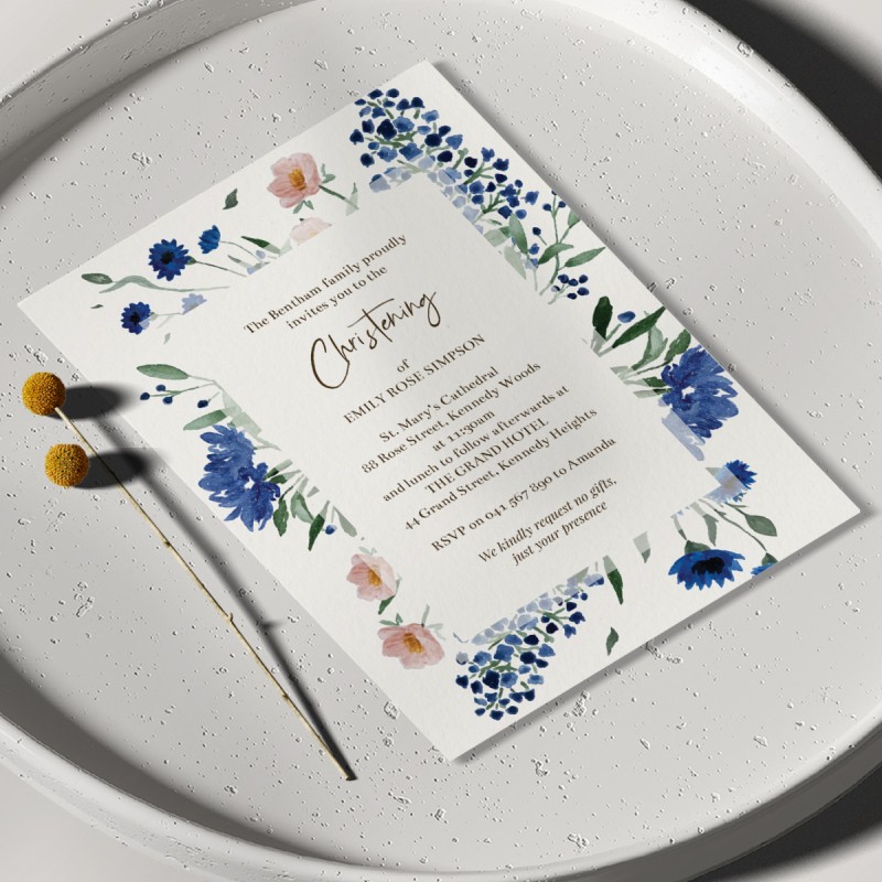 Royal Blue Florals Christening Invitations