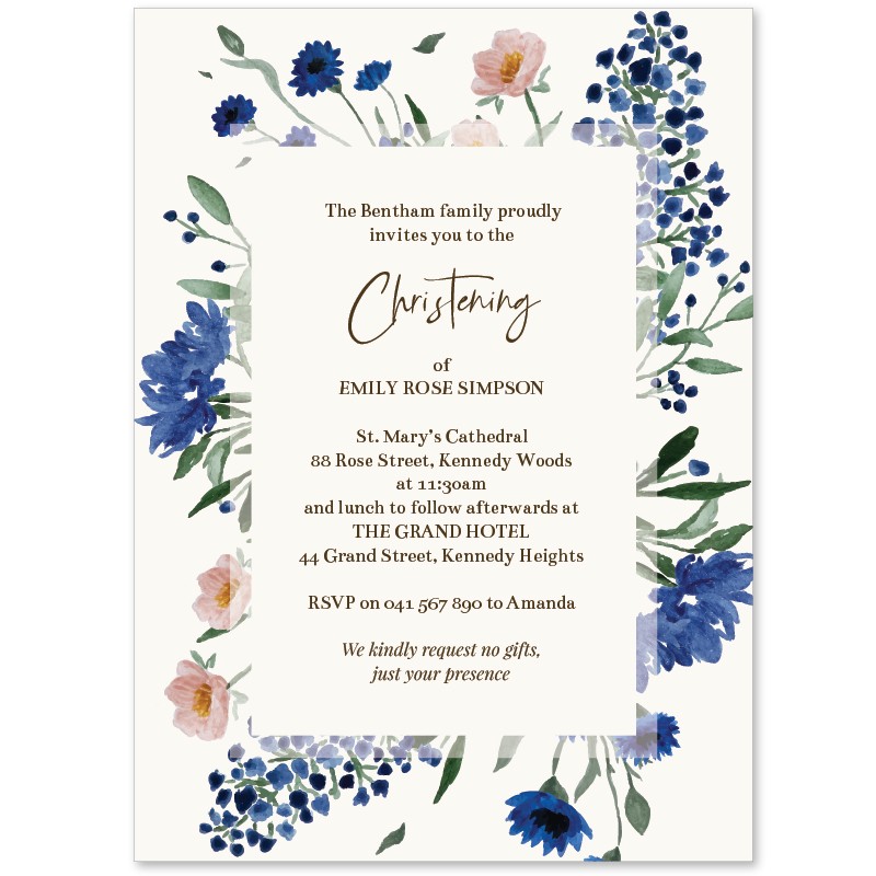 Royal Blue Florals Christening Invitations