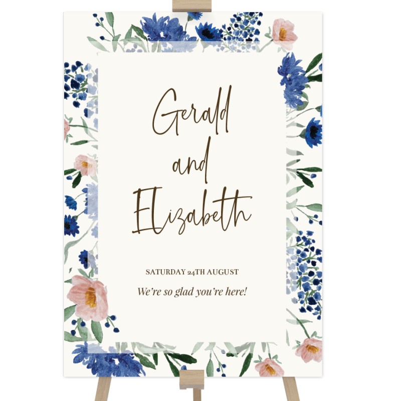 Royal Blue Florals Wedding Welcome Sign