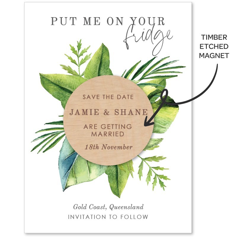 Simple Tropical Save The Date Timber Magnets and Cards