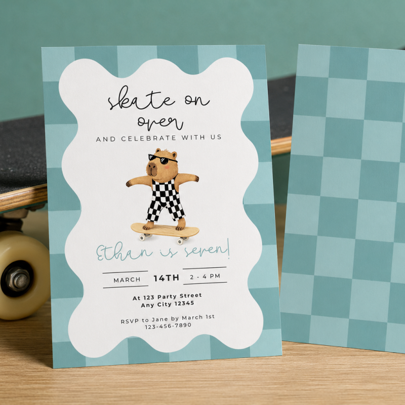 Capybara Skateboarding Invitation - Boys Retro Birthday Invite