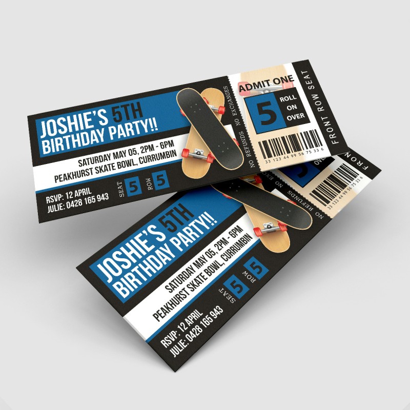 Skatepark Ticket Birthday Invitations