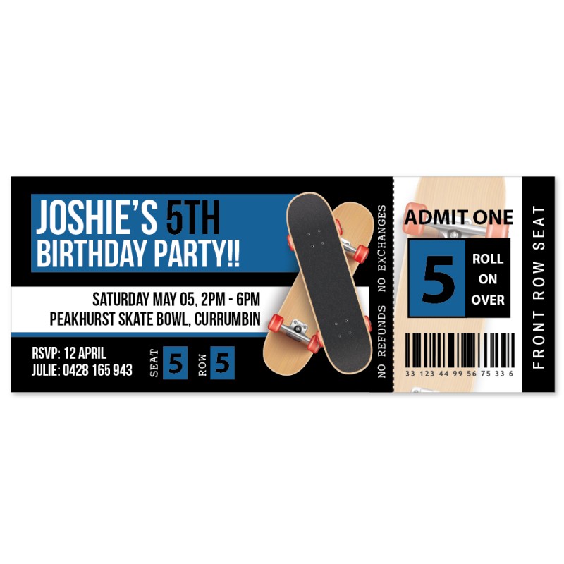 Skatepark Ticket Birthday Invitations