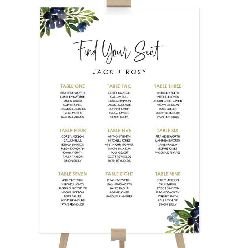 A Touch of Blue Wedding Seating Chart